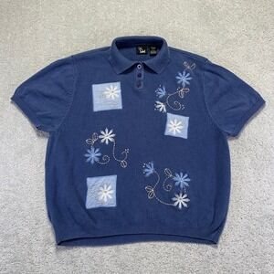 Ms Lee Womens Polo Shirt Size Large Blue Floral Embroidered Knit Granny Cottage